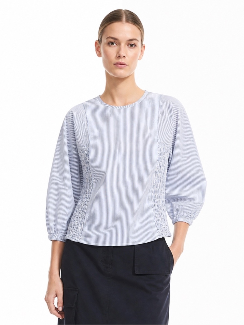 COS Striped Smocked Cotton Top Women Small Blue White Puff Sleeve